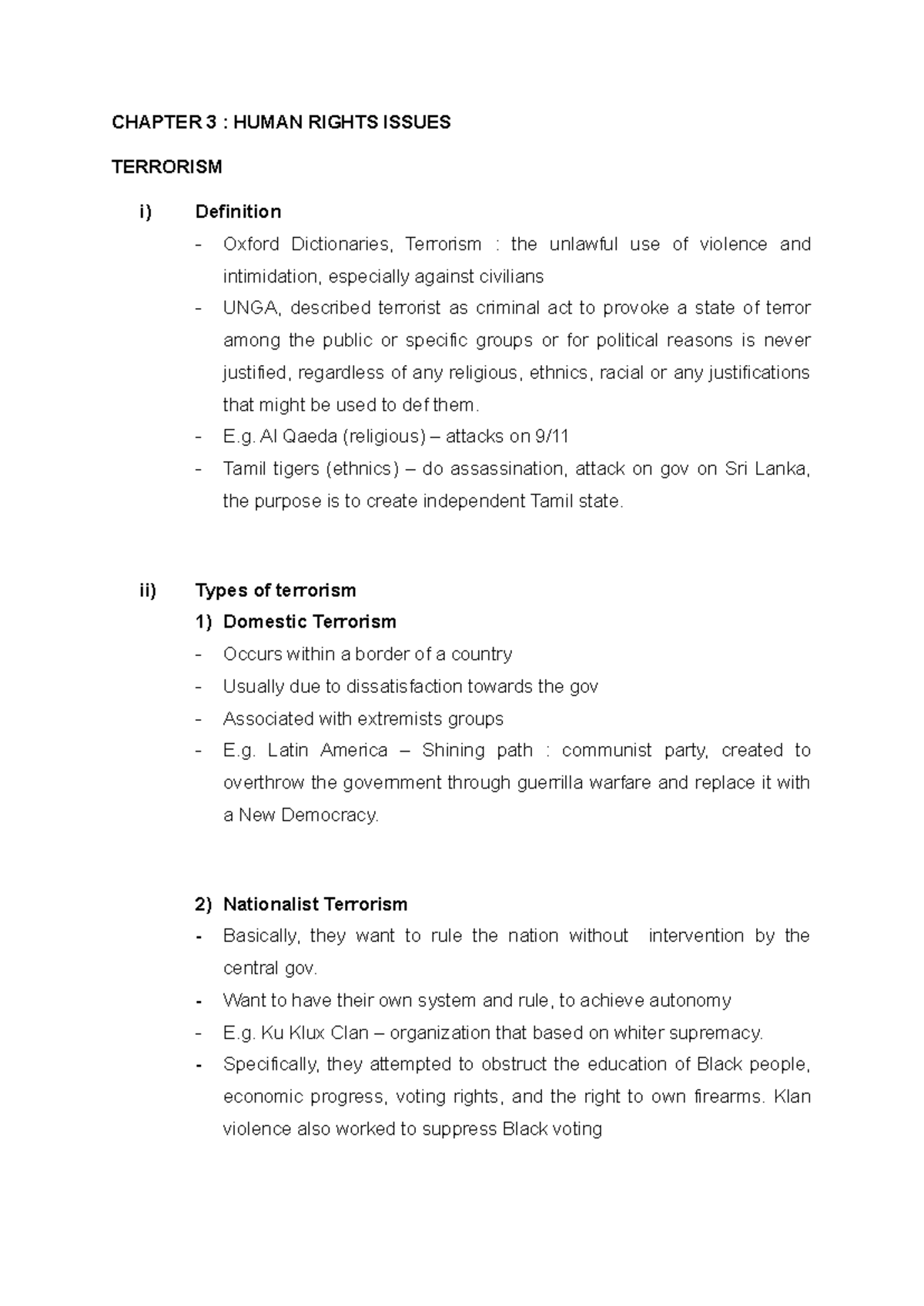 Chapter 3 (5) Terrorism - CHAPTER 3 : HUMAN RIGHTS ISSUES TERRORISM i ...