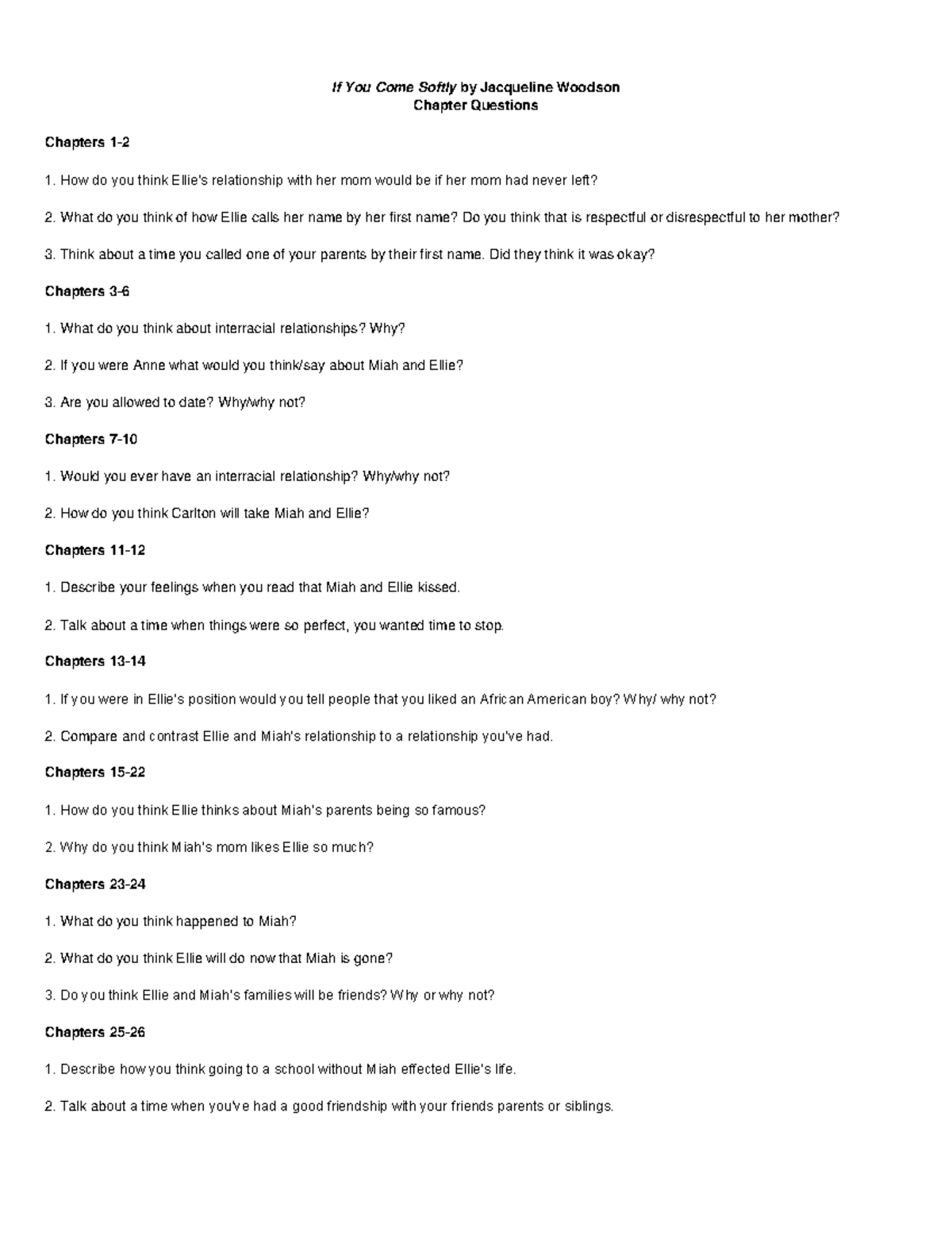 If You Come Softly Chapter Questions - If You Come Softly by Jacqueline ...