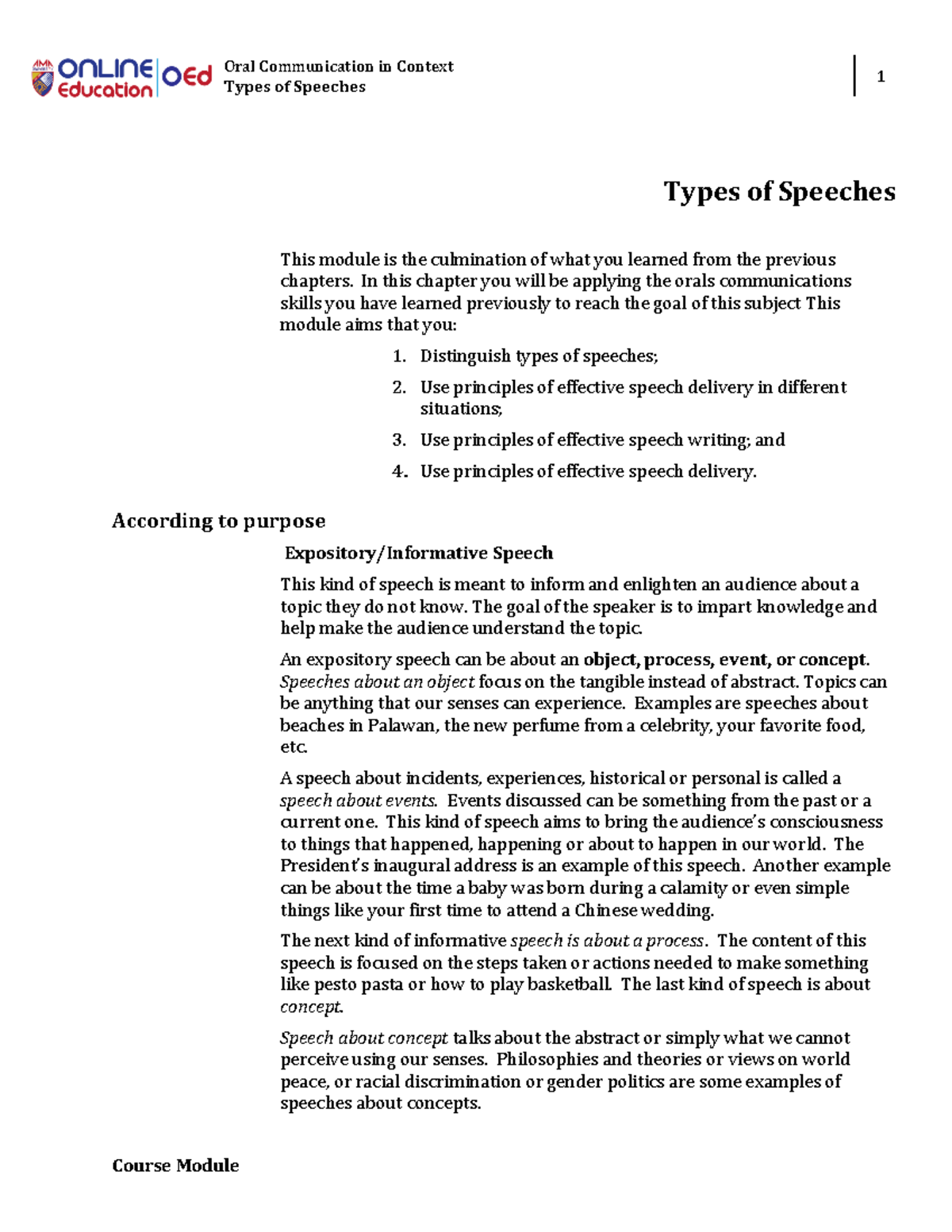 Week 018 Types of Speeches Oral Communication in Context Types of