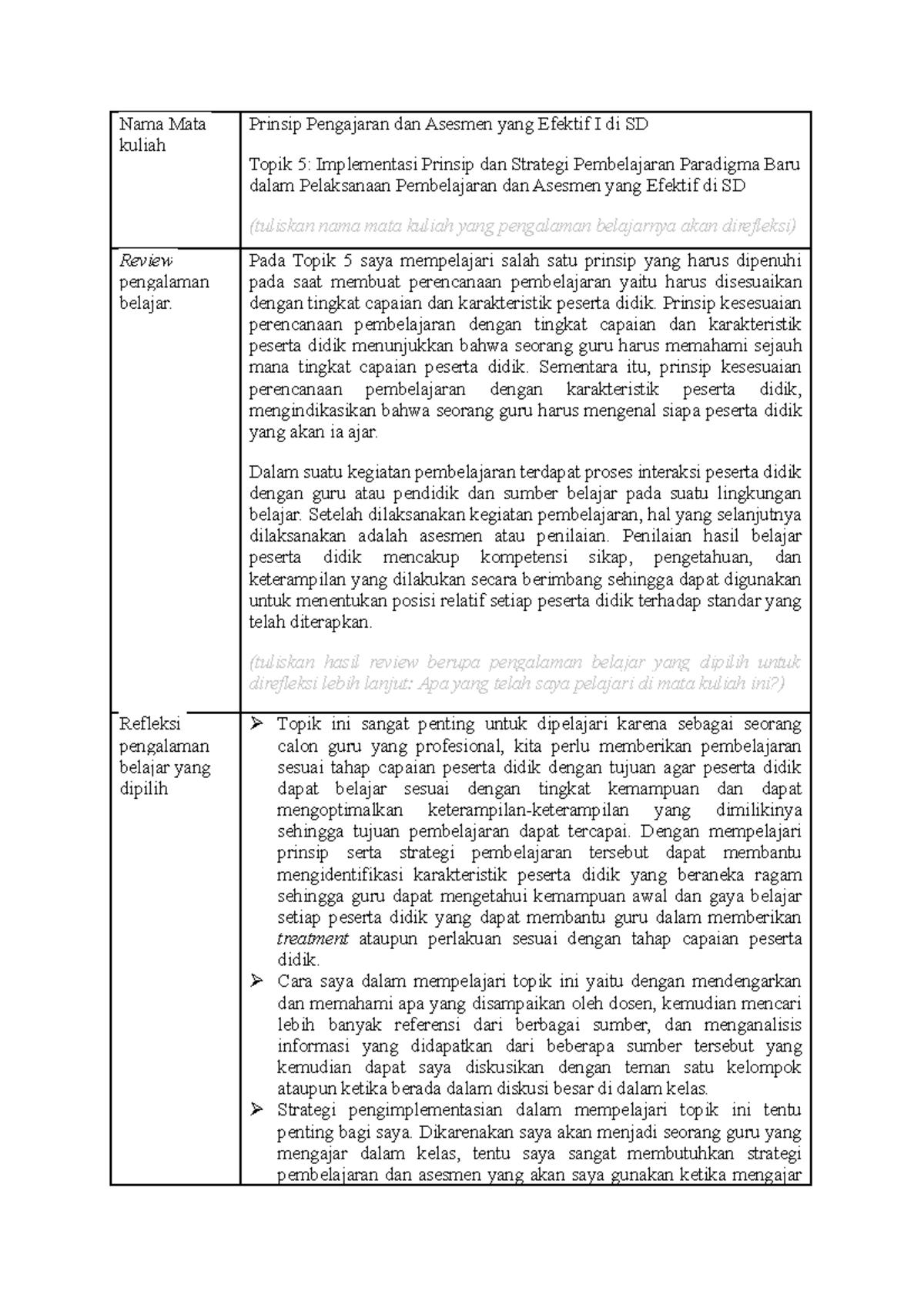 Jurnal Refleksi Ppae Aaa Nama Mata Kuliah Prinsip Pengajaran Dan