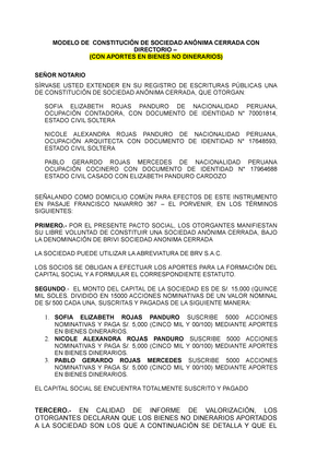 Formato de Minuta SAC con directorio aporte bienes - MODELO DE CONSTITUCIÓN  DE SOCIEDAD ANÓNIMA - Studocu