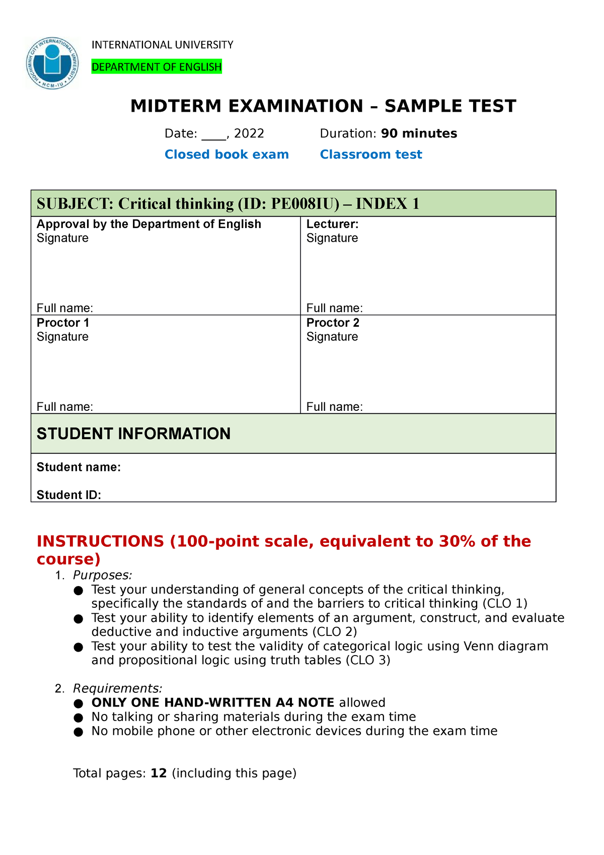 critical thinking entrance exam