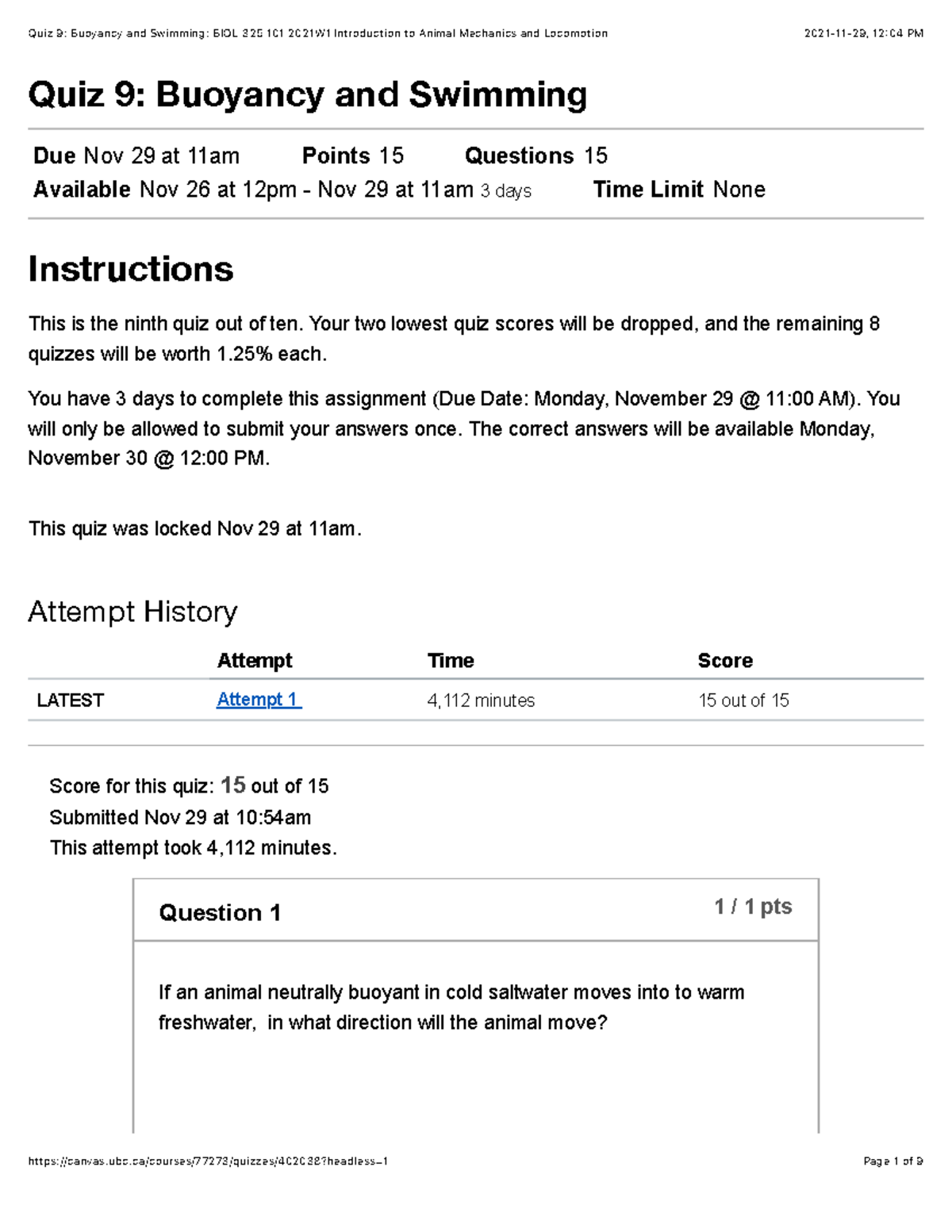 Quiz 9 Buoyancy and Swimming BIOL 325 101 2021W1 Introduction to