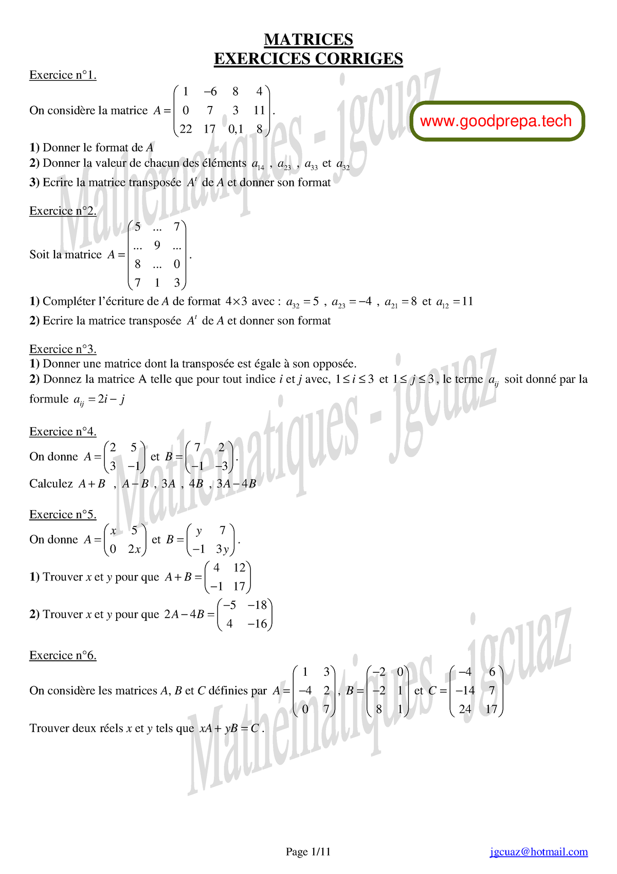 EX Matrice + Corrige - Cour Et Exercice - MATRICES EXERCICES CORRIGES ...