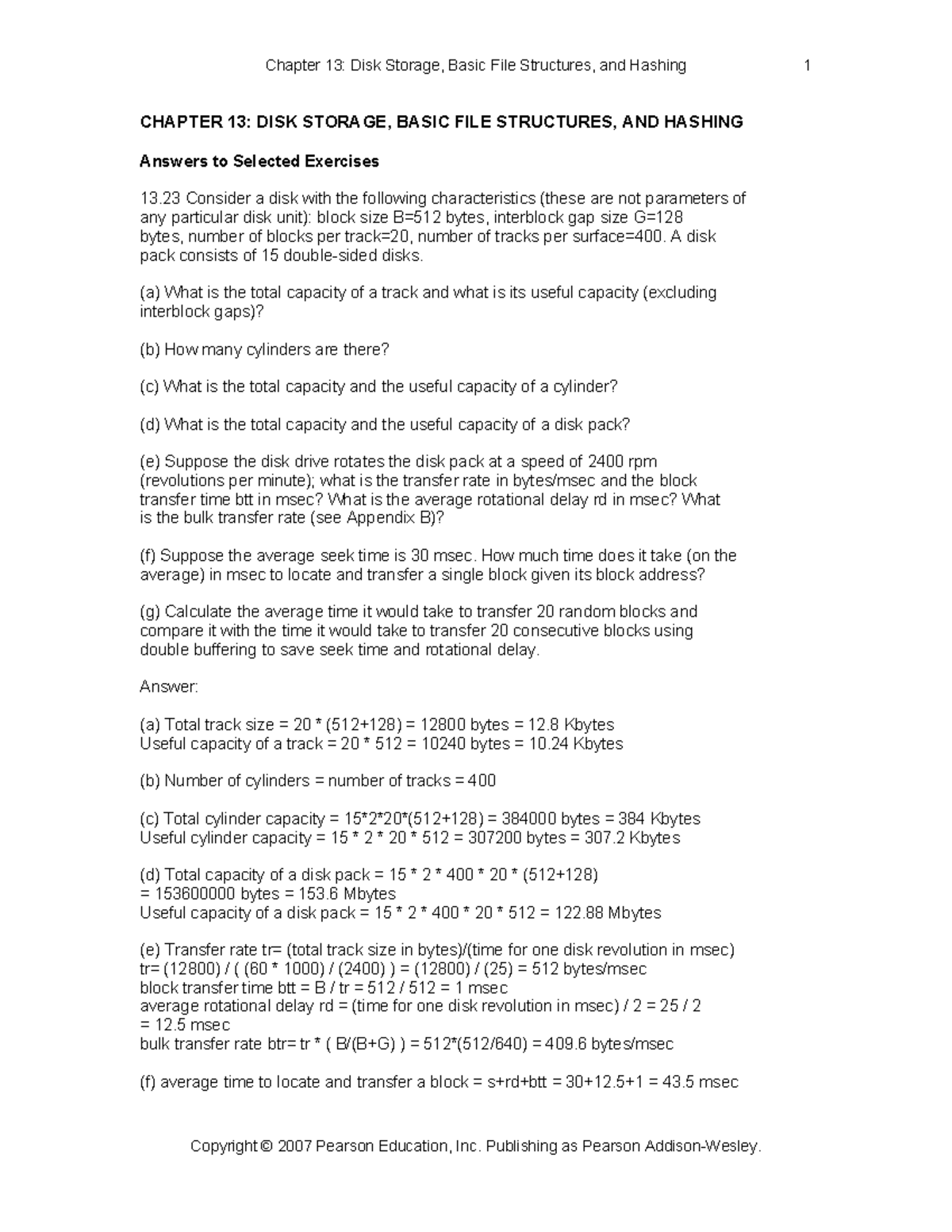 Book solutions disk problems - CHAPTER 13: DISK STORAGE, BASIC FILE ...