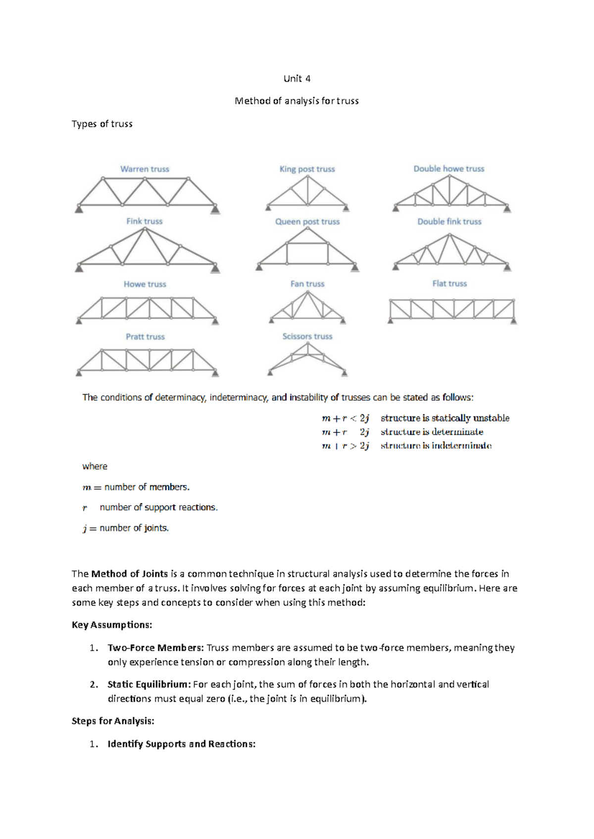Reference material for unit 4 - Unit 4 Method of analysis for truss ...