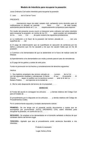 Formato de Interdicto para recuperar la posesión - Modelo de Interdicto  para recuperar la posesión - Studocu