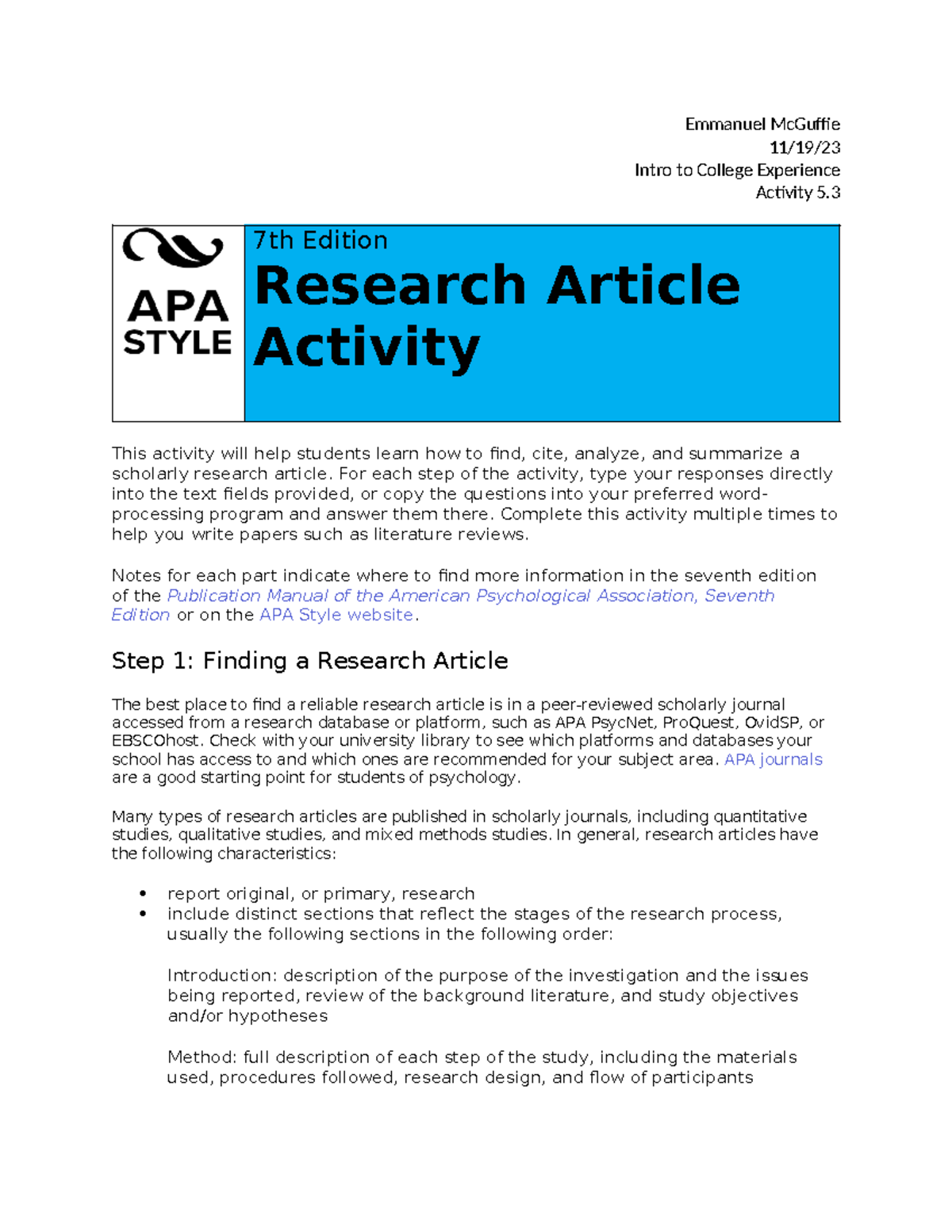 apa research article activity