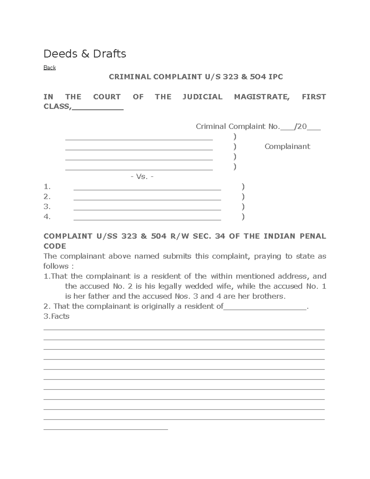 Criminal Complaint sec 323 5O4 IPC - Deeds & Drafts Back CRIMINAL ...