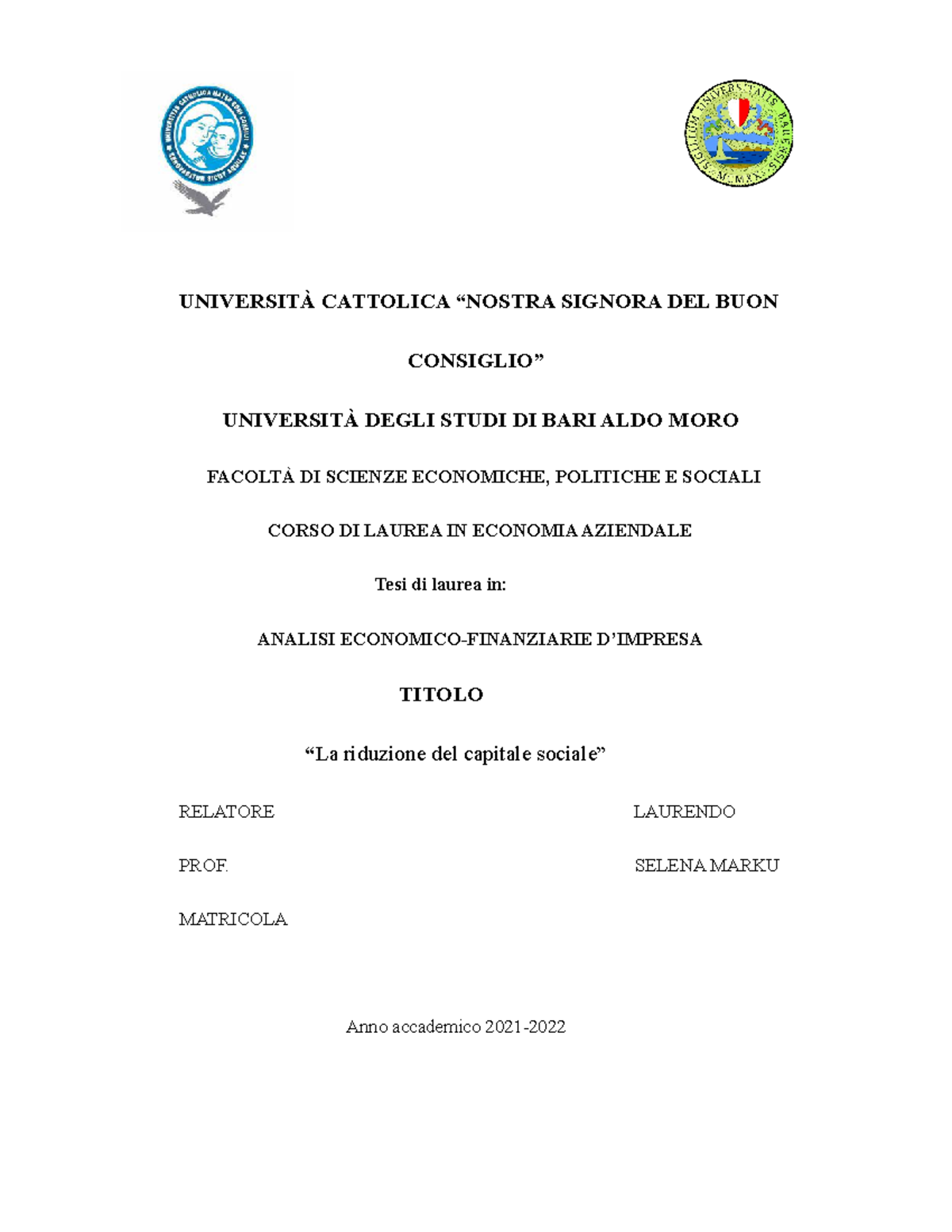 Scritture academica info per tezen UNIVERSITÀ CATTOLICA “NOSTRA SIGNORA DEL BUON CONSIGLIO