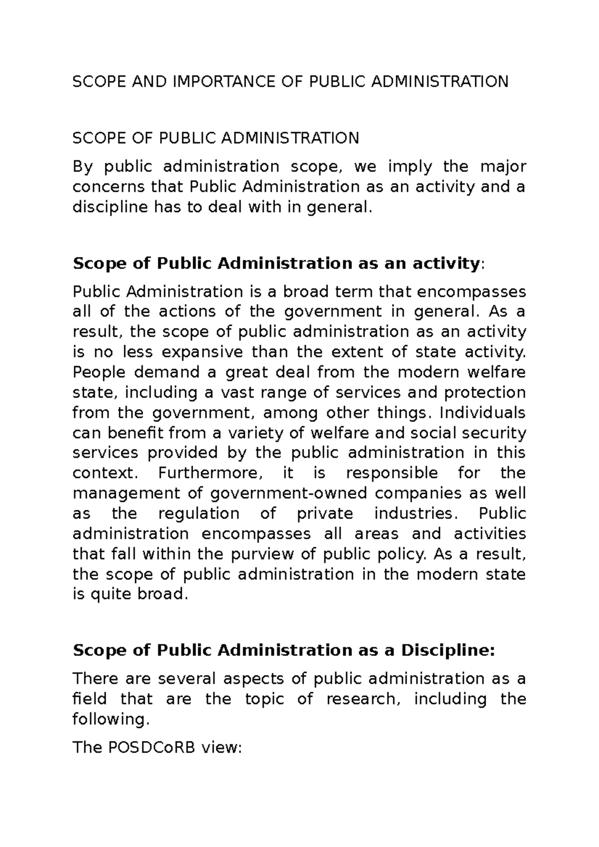 Scope AND Importance OF Public Administration AMU Studocu