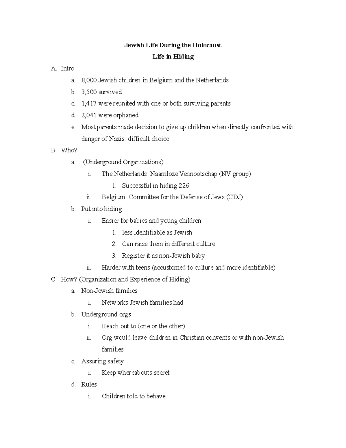 HIST 2005 Life in Hiding - Jewish Life During the Holocaust Life in