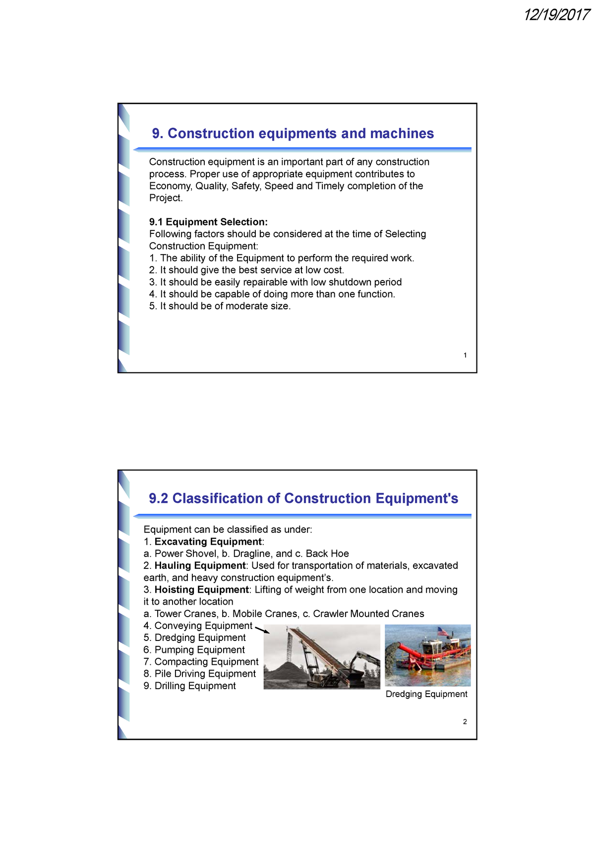 Topic 9 CENG302 - Lecture Notes 9 - 1 9. Construction Equipments And ...