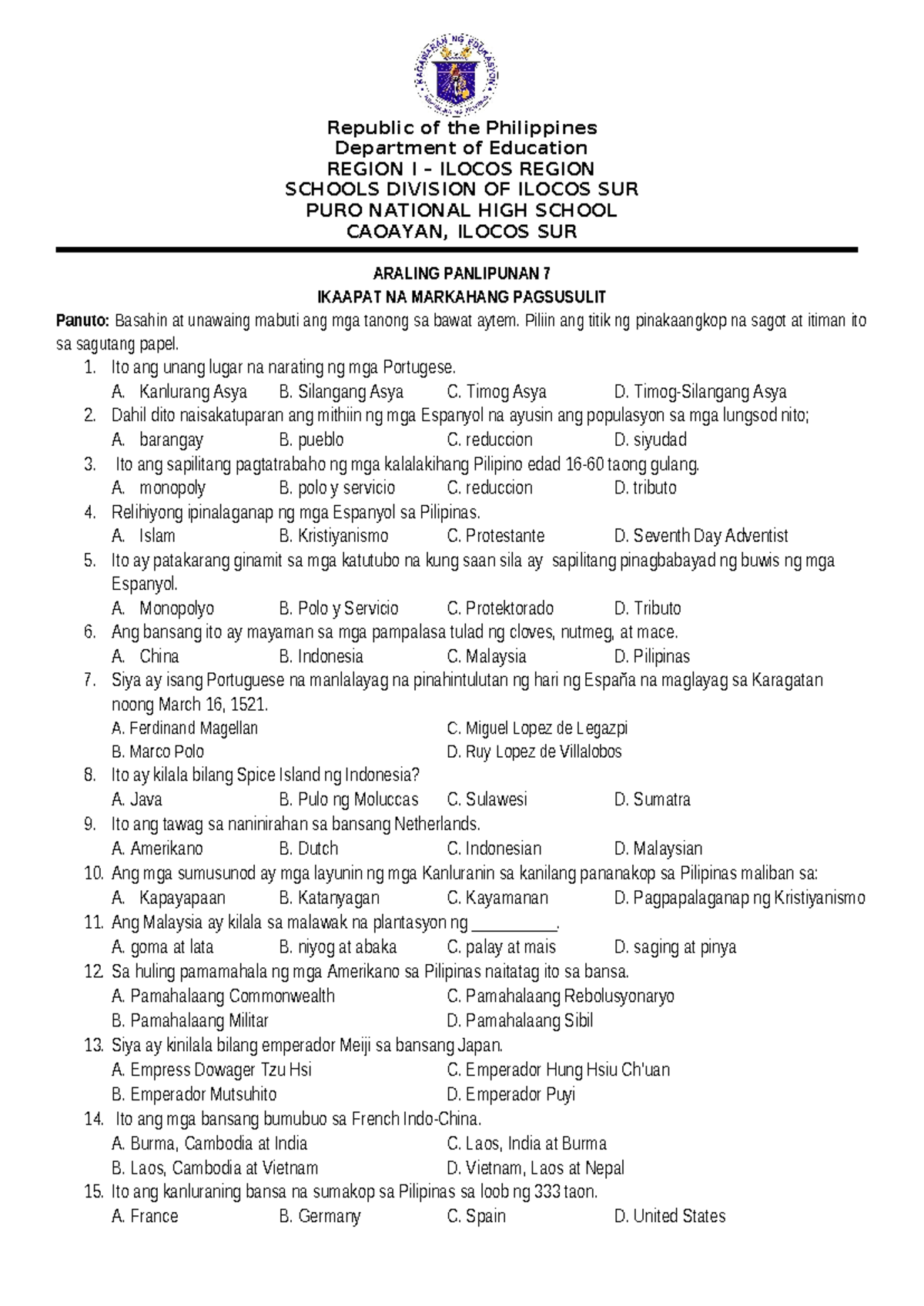 AP 7 Final - 4th Quarter Examination - Republic of the Philippines ...