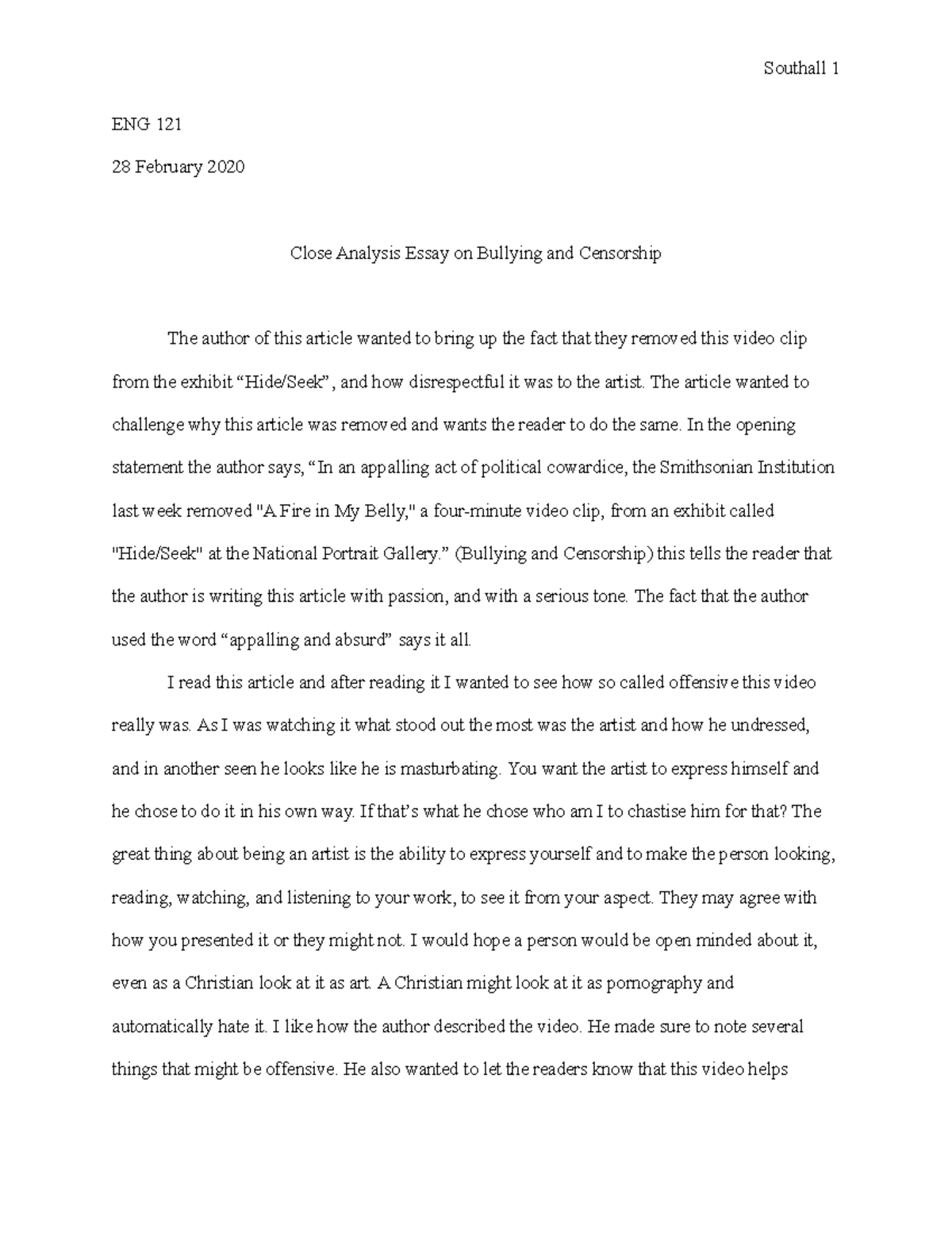 Module 2 Close Analysis Essay Southall 1 ENG 121 28 February 2020