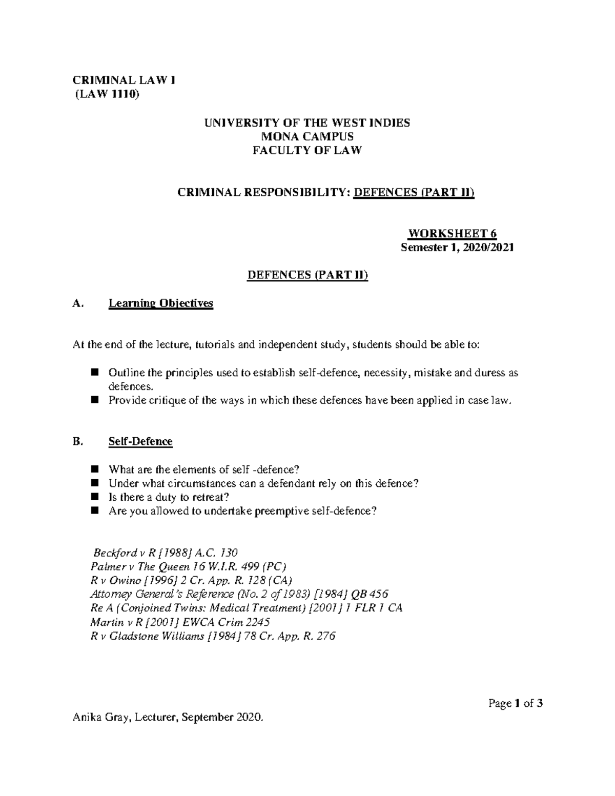 LAW1110 Worksheet 6 2020 - CRIMINAL LAW I (LAW 1110) Page 1 of 3 Anika ...