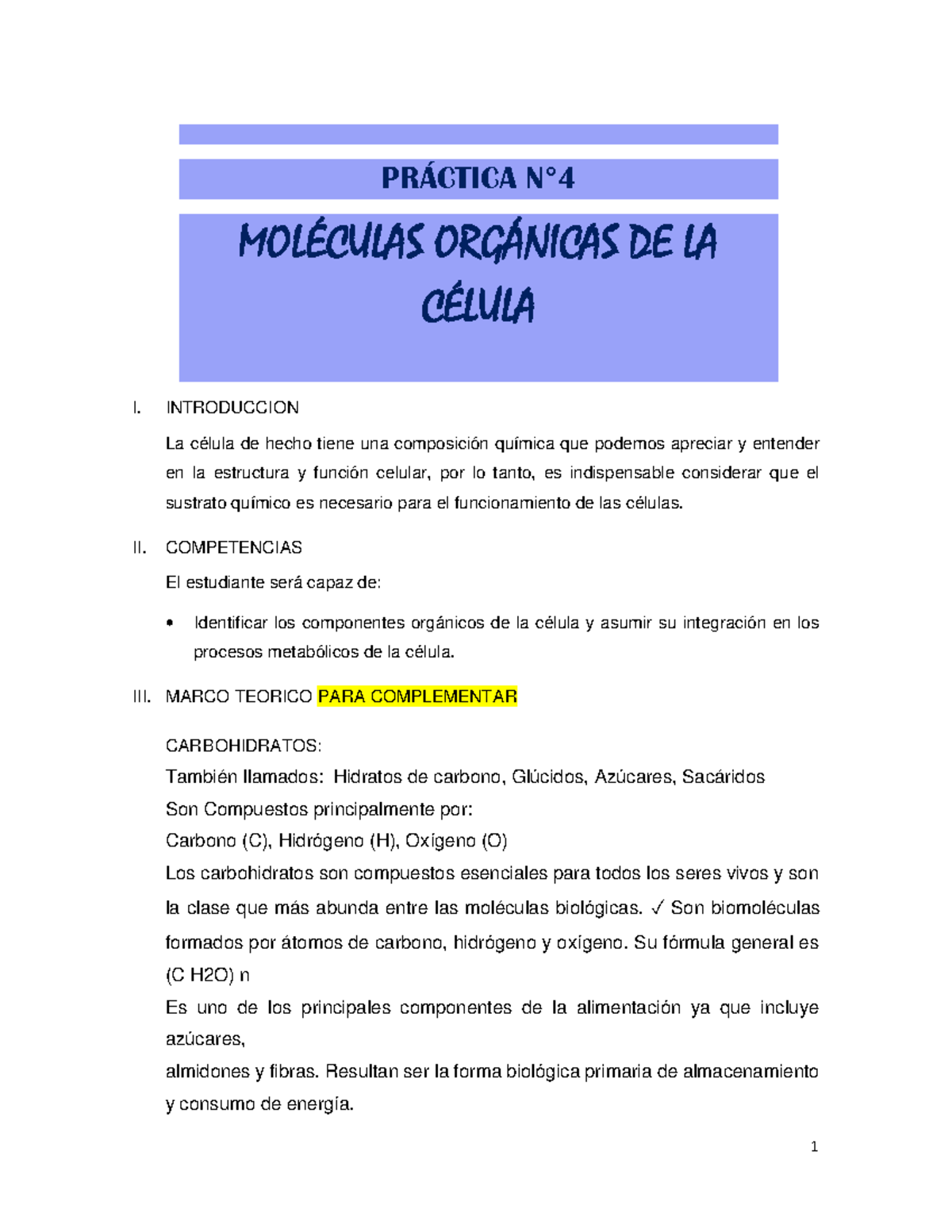 Pract Ica Mol Culas Org Nicas De La C Lula Organizacion Celular I