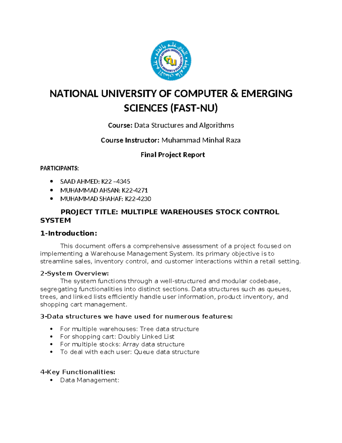 Ds final project report recent - NATIONAL UNIVERSITY OF COMPUTER ...