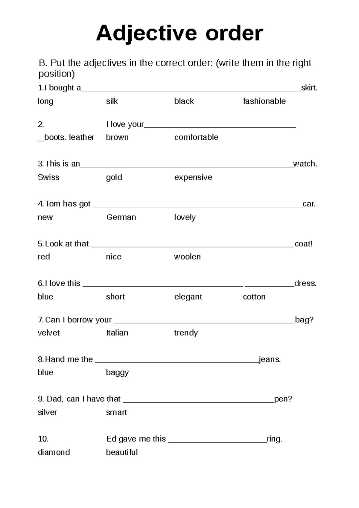 789838 adjectives order word doc - Adjective order B. Put the ...