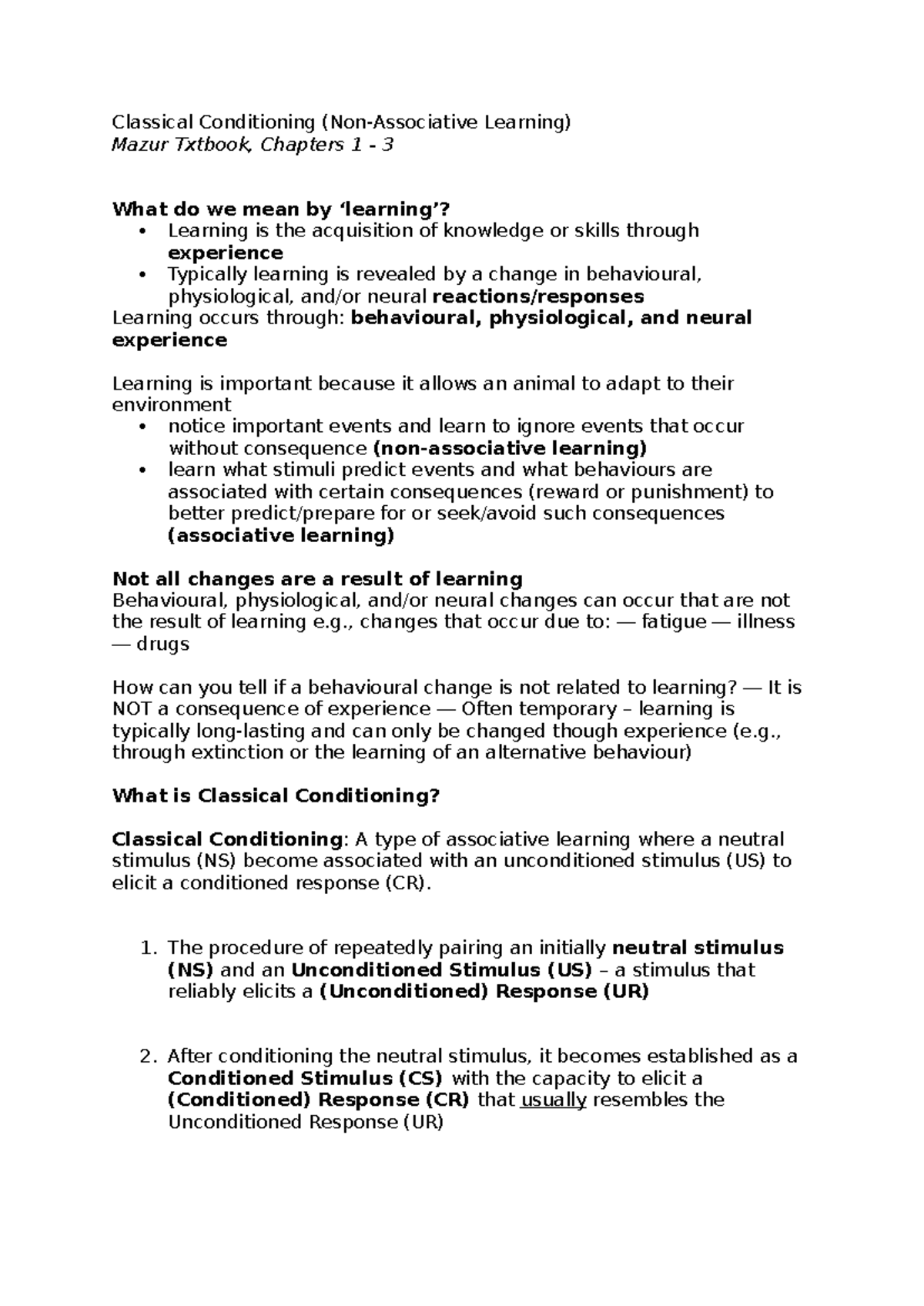 Classical Conditioning Notes - Classical Conditioning (Non-Associative ...