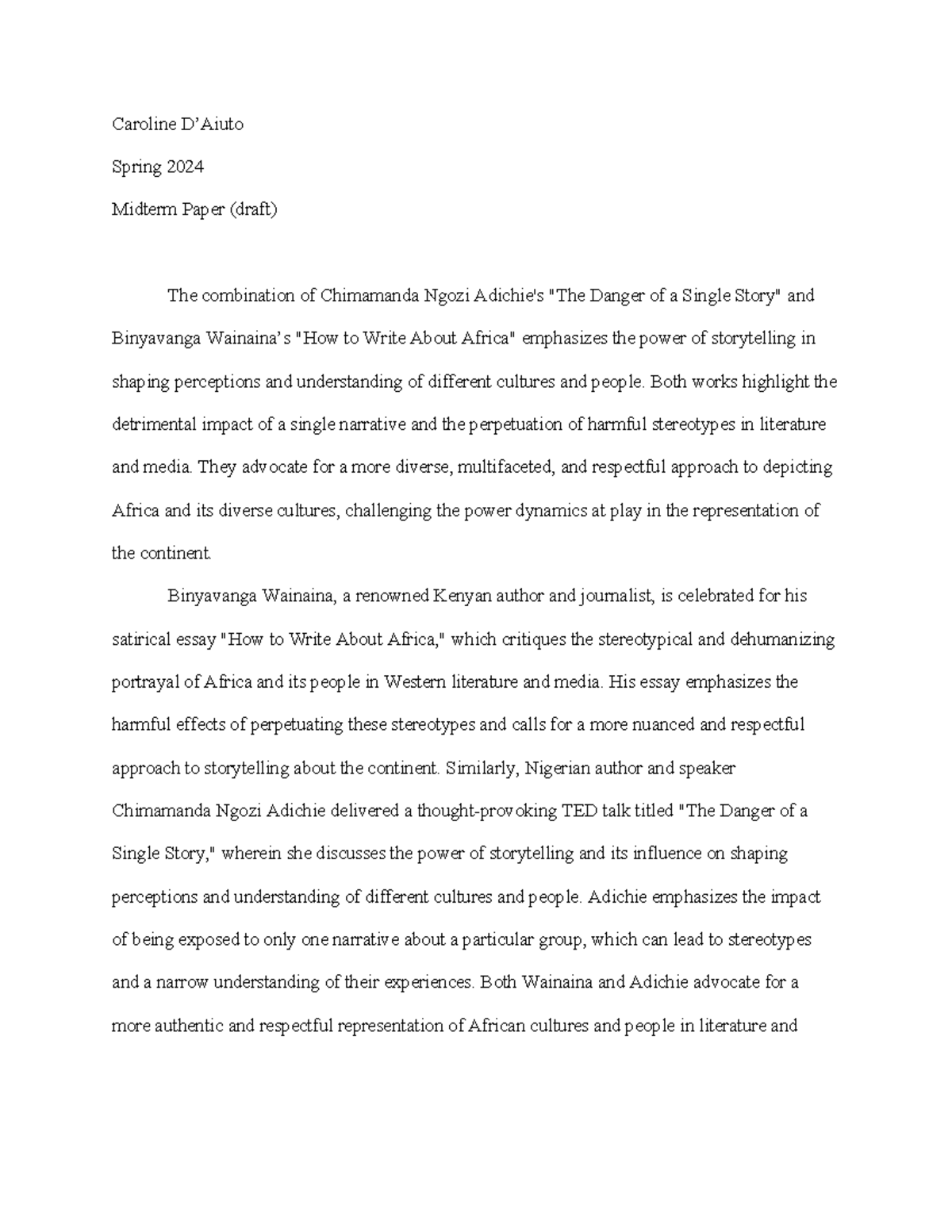 Mid term paper draft - midterm - Caroline D’Aiuto Spring 2024 Midterm ...