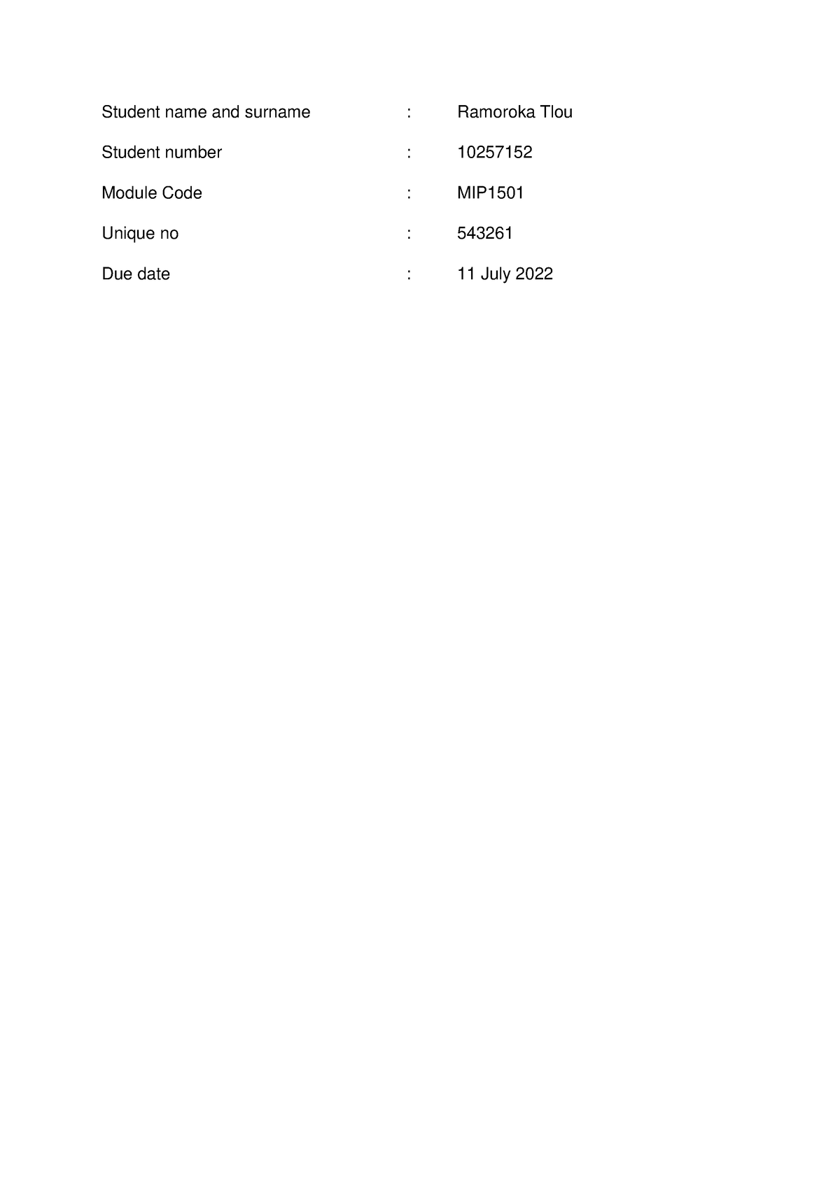 MIP1501 Assignment 03 - Student name and surname : Ramoroka Tlou ...