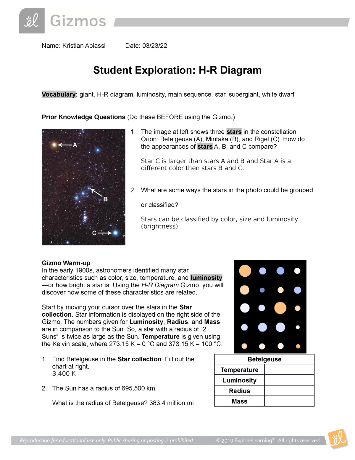 Worksheet Answers Student Exploration Hr Diagram Gizmo Answer Key