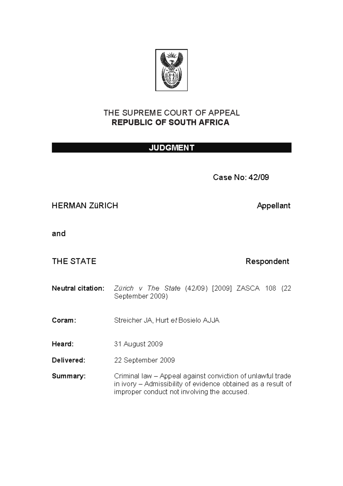 Case law . - THE SUPREME COURT OF APPEAL REPUBLIC OF SOUTH AFRICA ...