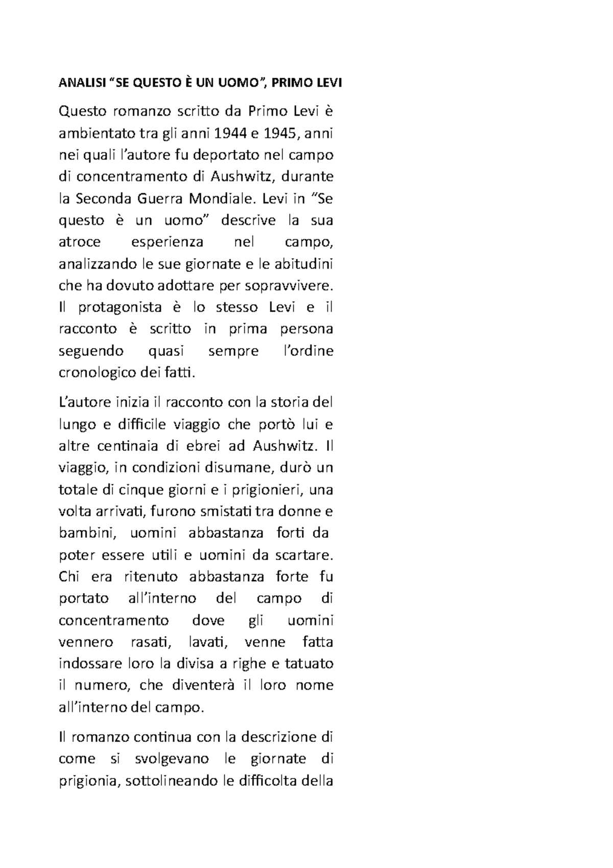 commento della poesia se questo è un uomo