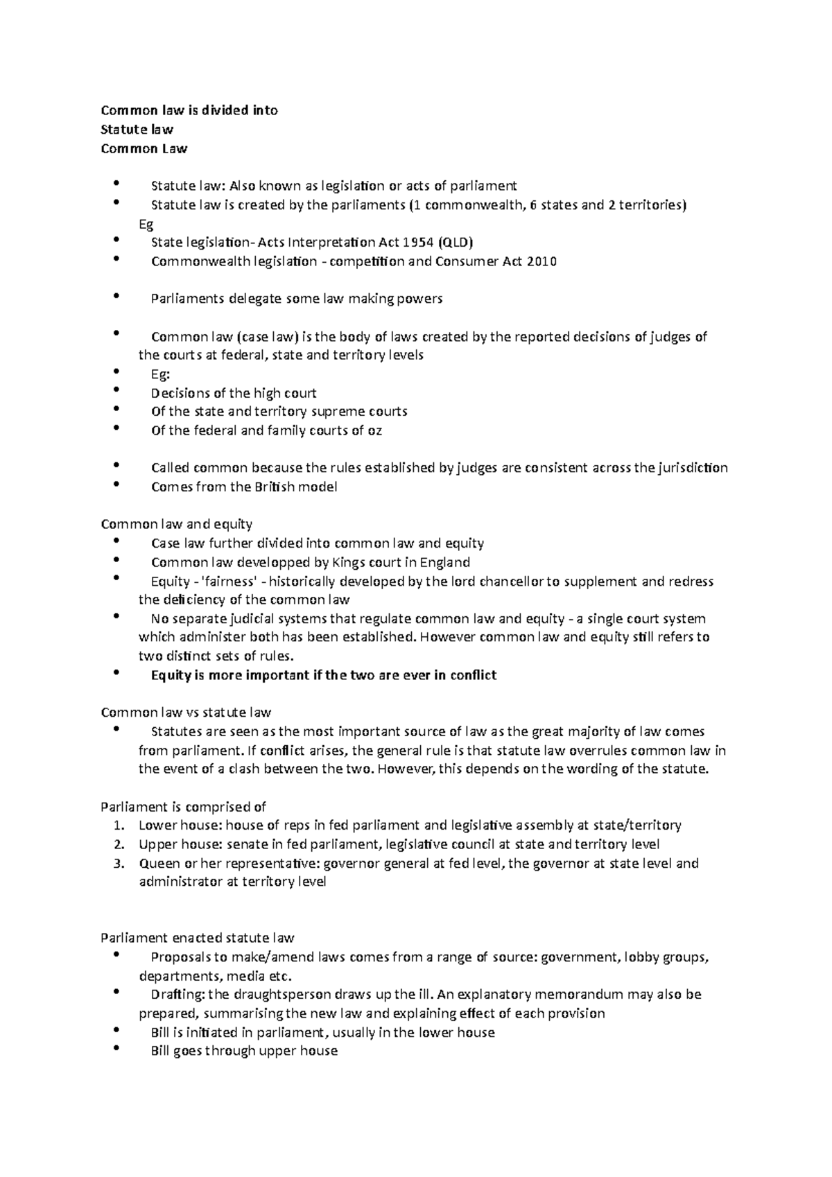 Laws week 2 - Lecture notes 2 - Common law is divided into Statute law ...
