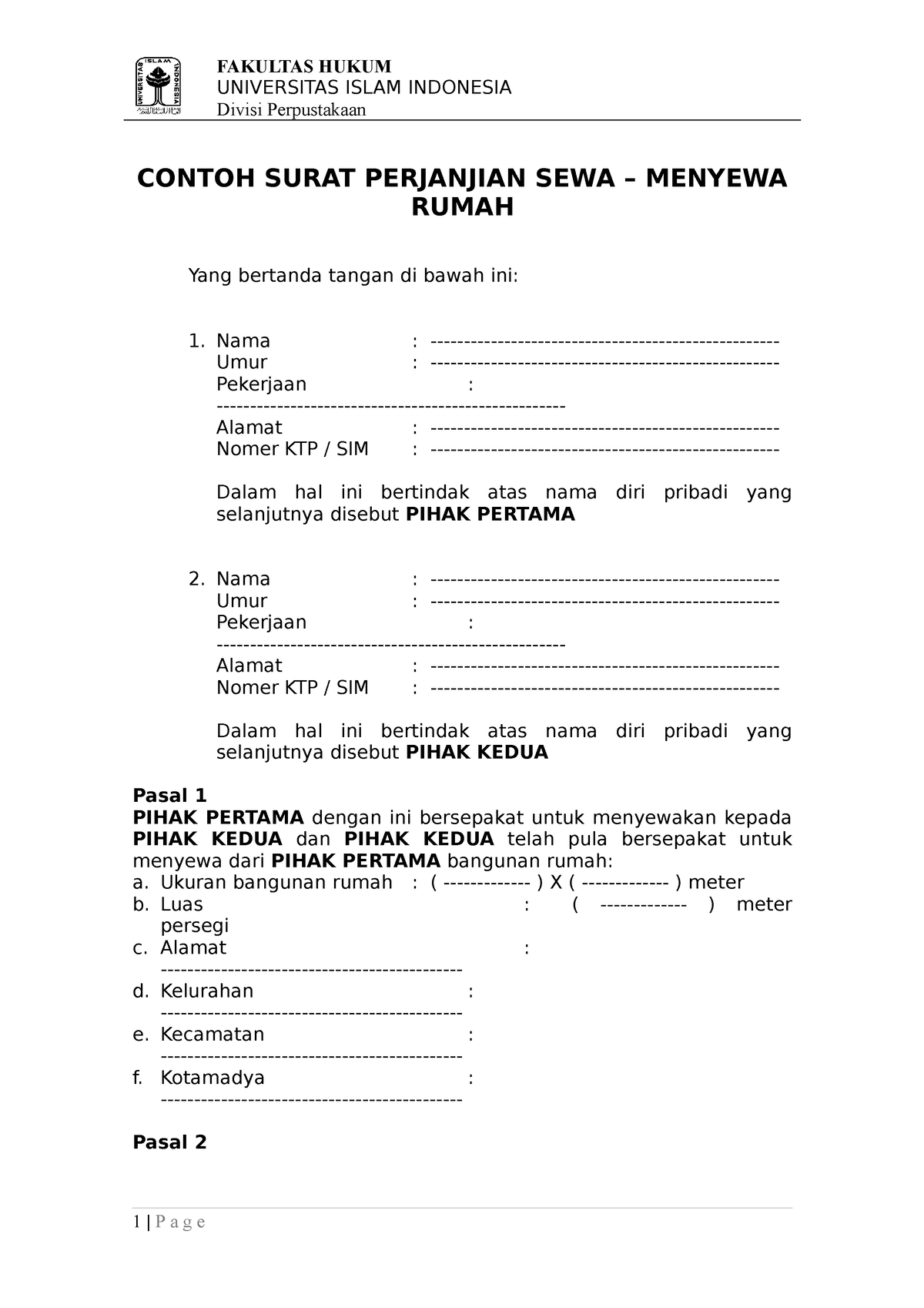 Contoh Surat Perjanjian Sewa Menyewa Rumah 2 FH UII - UNIVERSITAS ISLAM ...