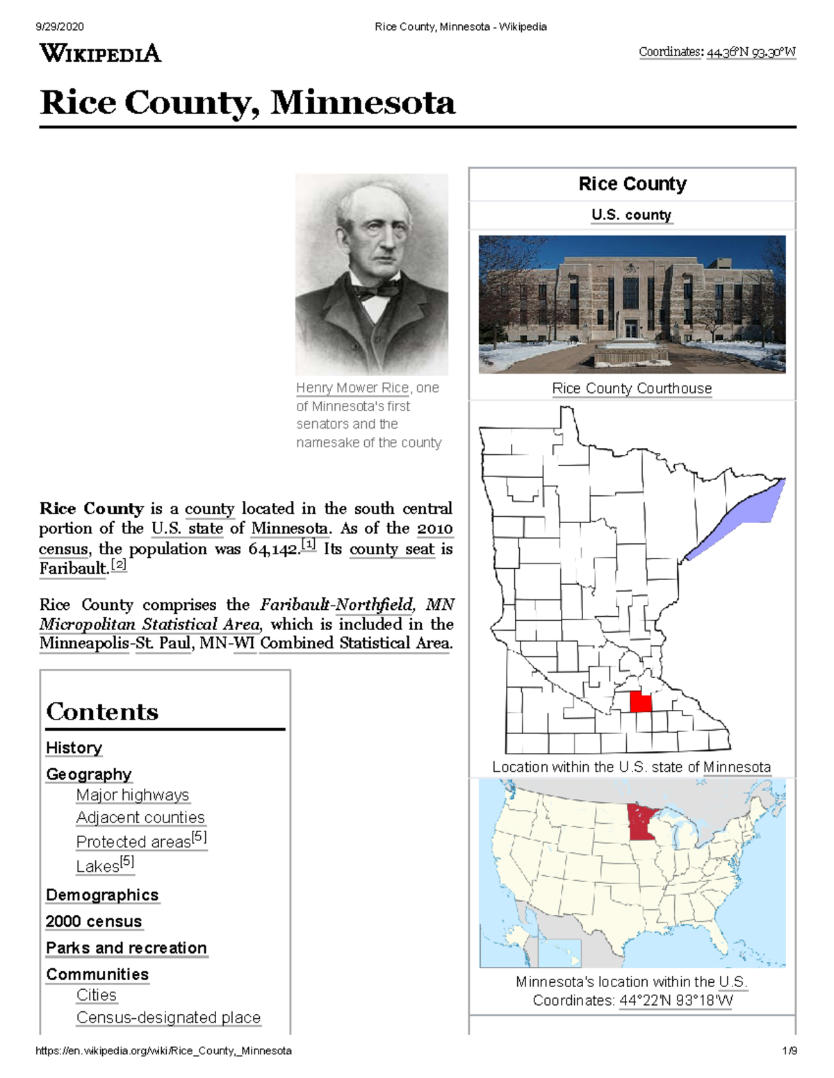 Rice County, Minnesota - Wikipedia - Henry Mower Rice, one of Minnesota ...