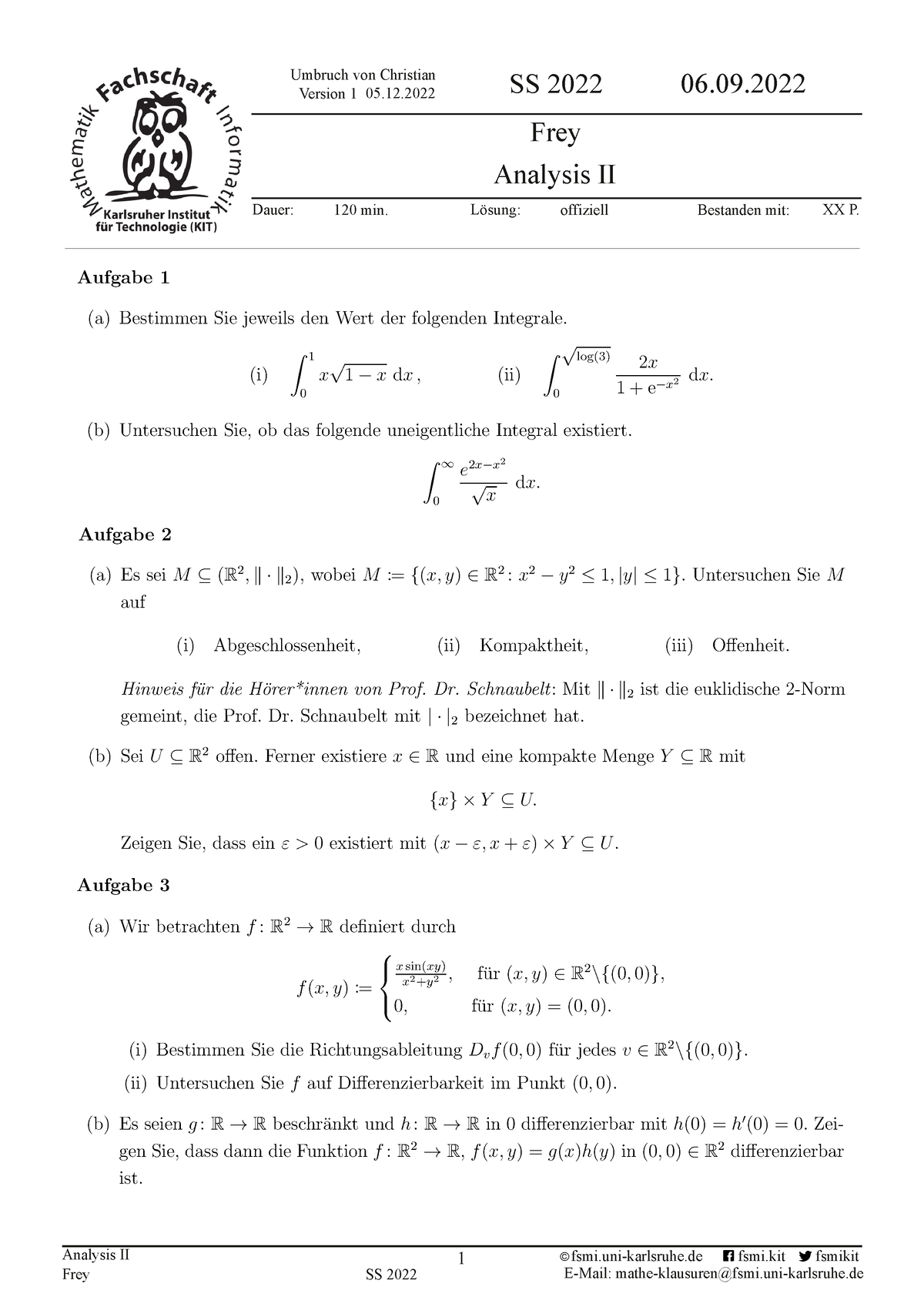 13769 - Klausur Analysis 2 2021/2022 Professor Leutzinger - Analysis II ...