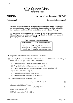 Actuarial Mathematics I Notes - Lecture Notes MTH5124: Actuarial ...