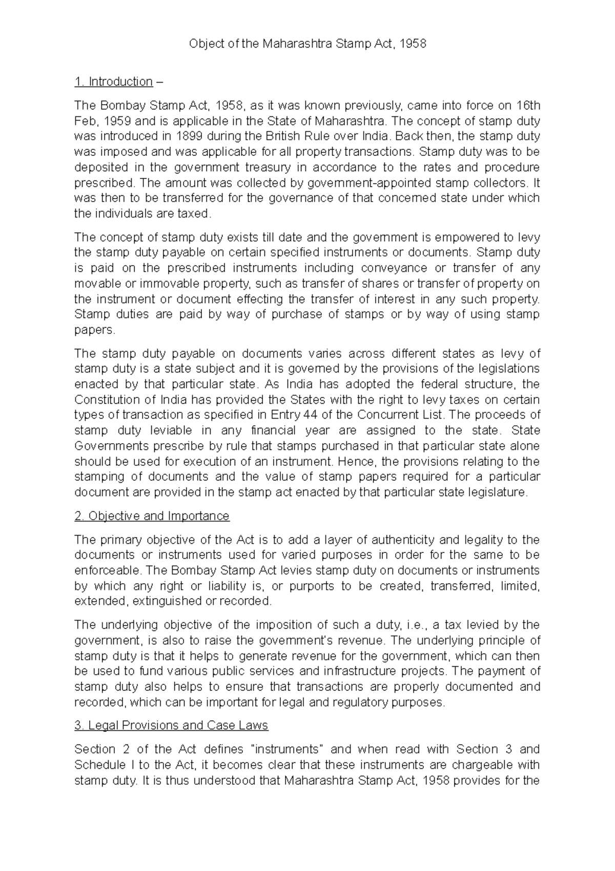 2. Land Object of Maharashtra Stamp Act Object of the Maharashtra