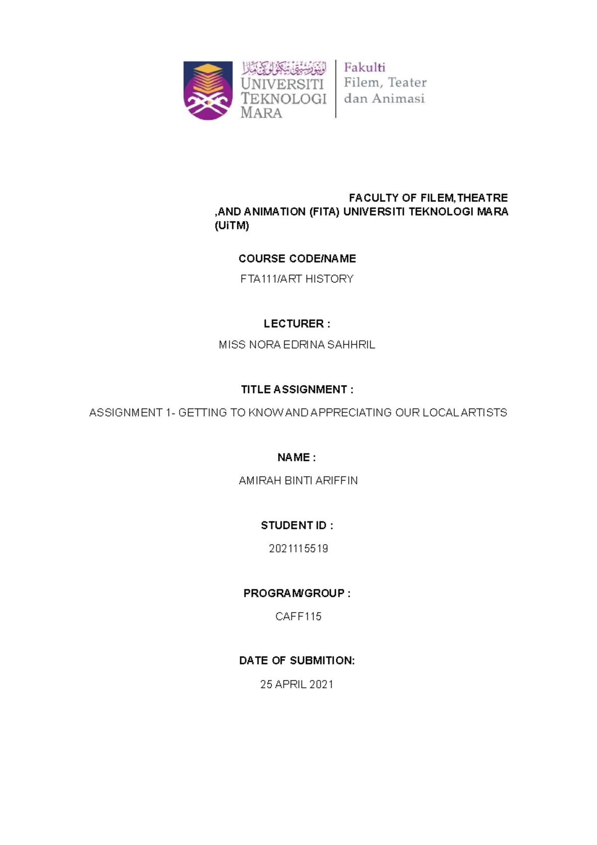 Assignment 1 art history - FACULTY OF FILEM,THEATRE ,AND ANIMATION ...