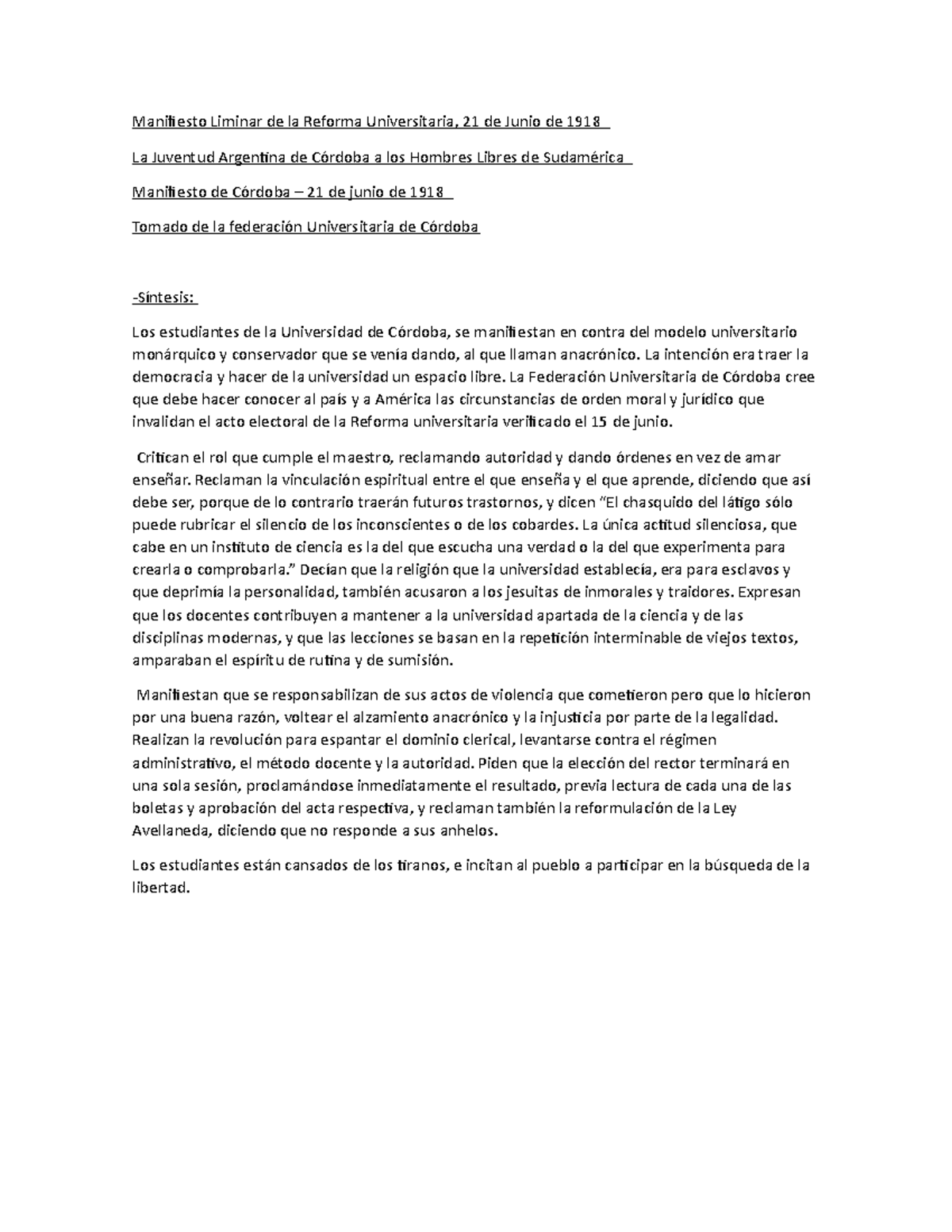 Sintesis Manifiesto - Manifiesto Liminar De La Reforma Universitaria ...