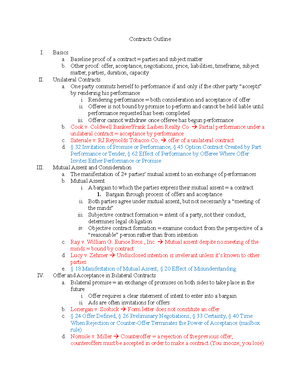 Contract Outline - Contract i. A legally enforceable promise or set of ...