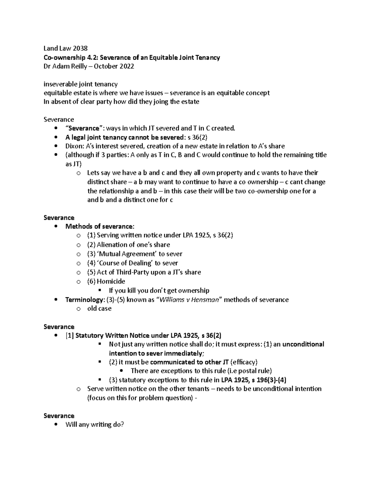 Land Law Lecture 4.2 Coownership Severance of an Equitable Joint