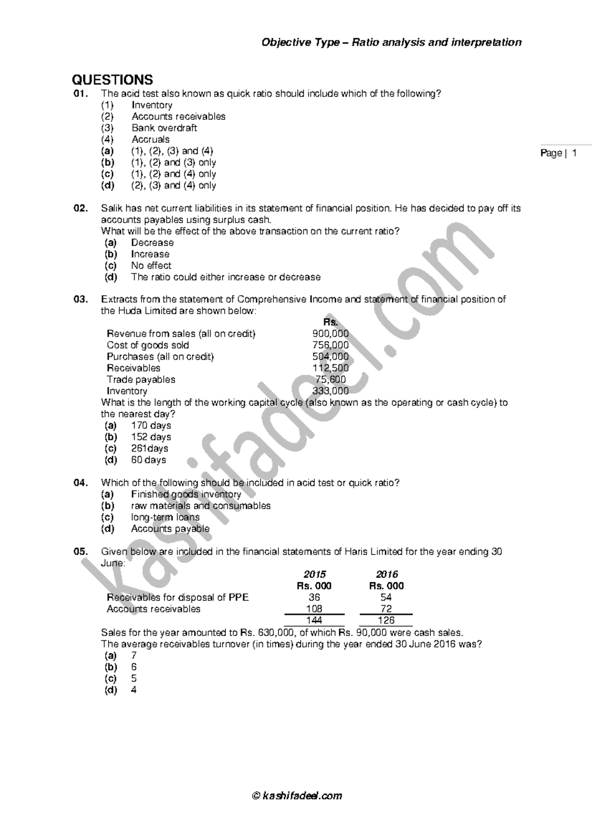 Ratio Analysis MCQs - Practice Material - © kashifadeel Page | 1 ...