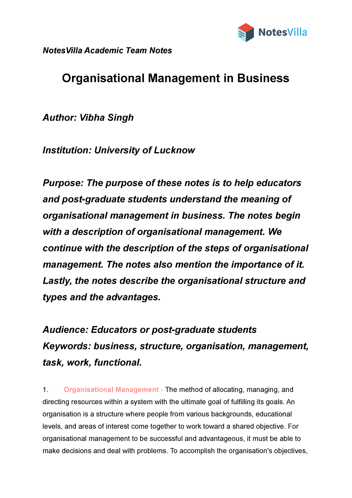 Organisational Management In Business - The Notes Begin With A 