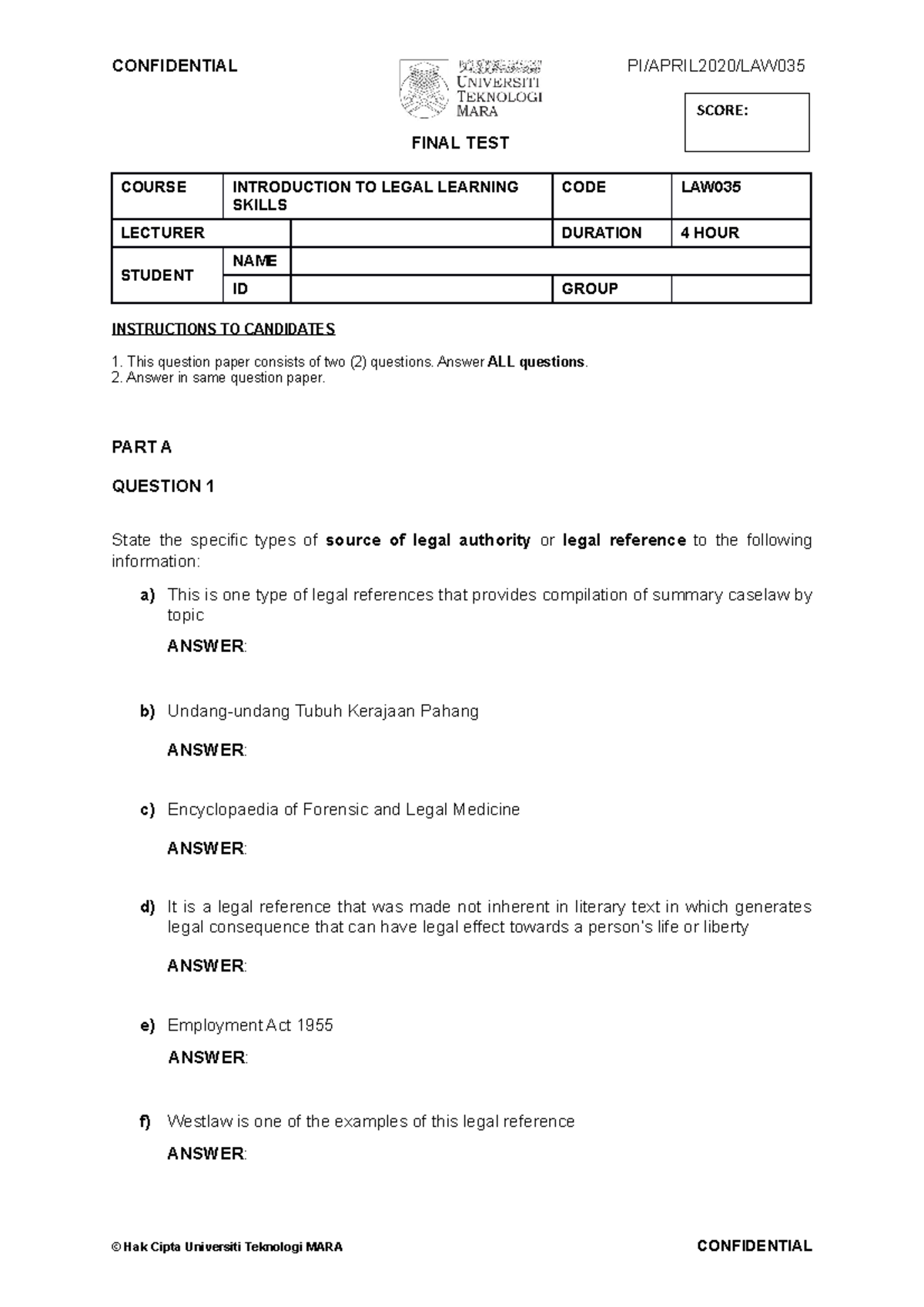 Final assessment question april 2021 - FINAL TEST COURSE INTRODUCTION ...