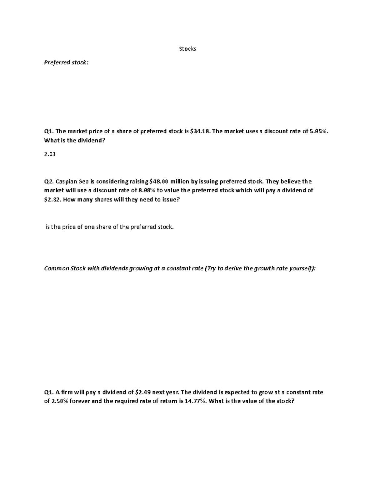 Notes For Chapter 7 Stock Valuation - Stocks Preferred stock: Q1. The ...