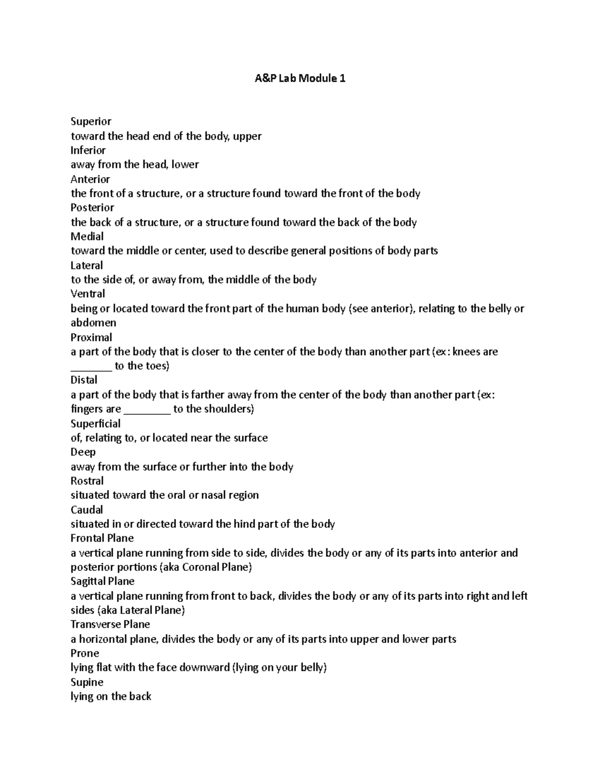 AP Lab Module 1 - A&P Lab Module 1 Superior toward the head end of the ...