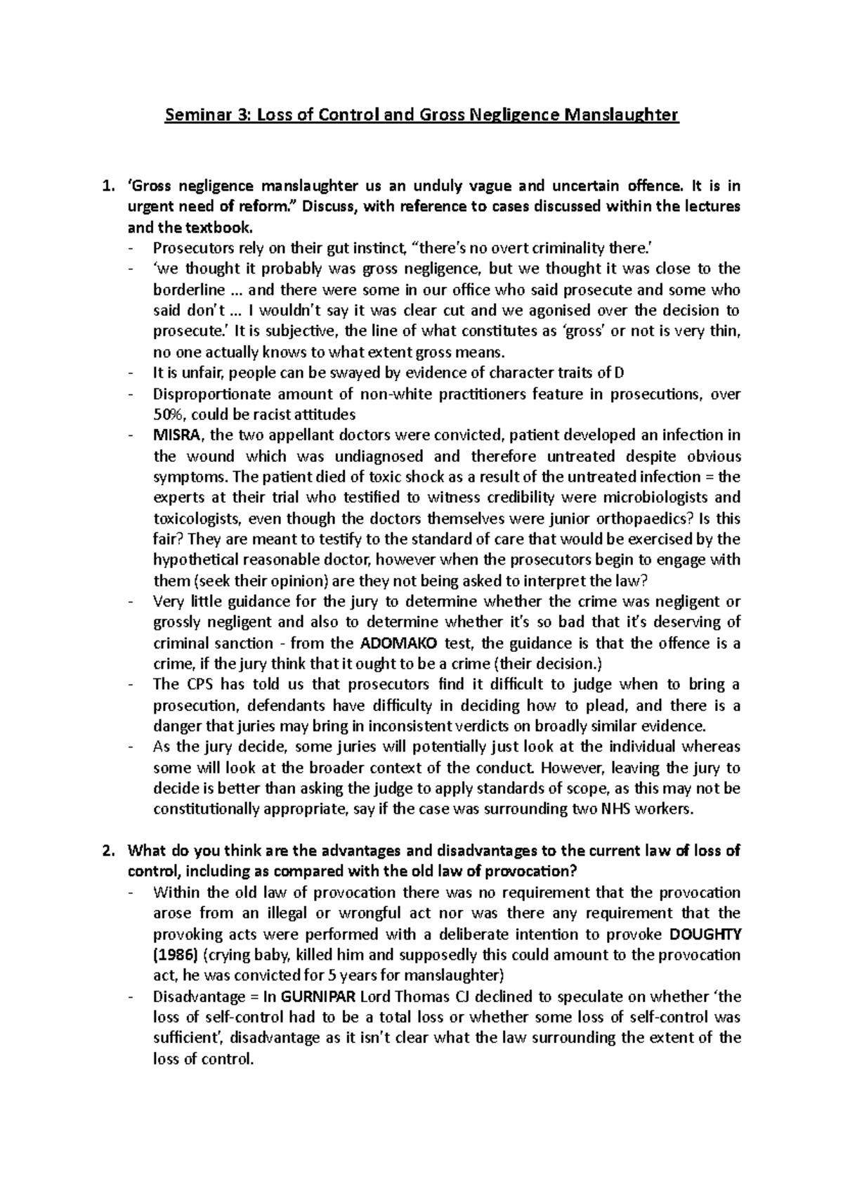 Criminal Seminar 3 - Seminar 3: Loss of Control and Gross Negligence ...