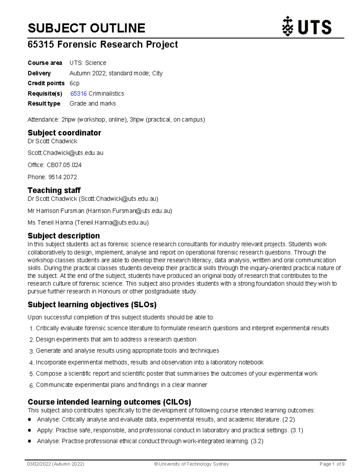 FRP subjectoutline - Forensic Research Project subject outline ...