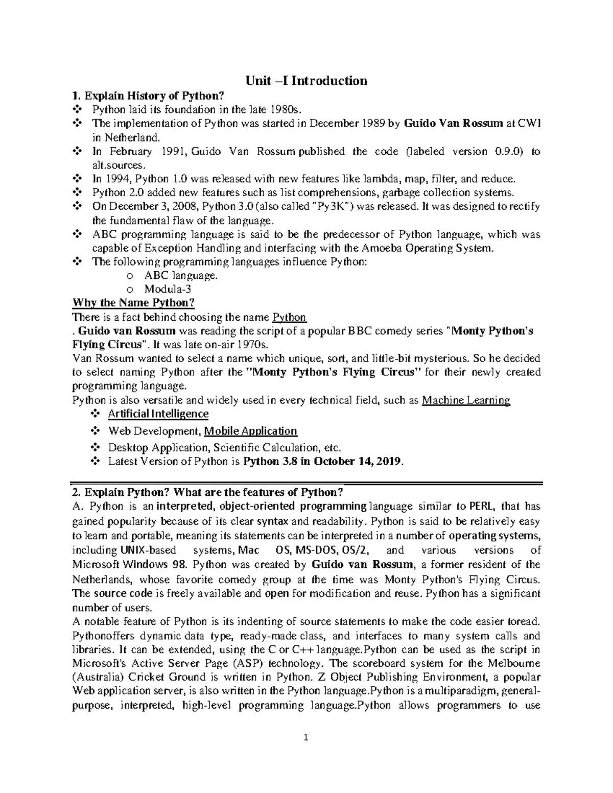 Python Lecture Notes - Unit – I Introduction 1. Explain History of ...