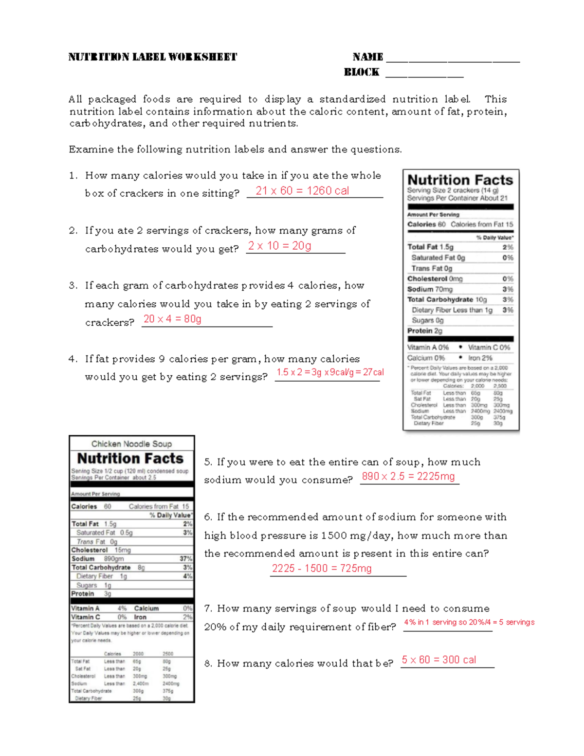 2 - Nutritional food labels. - nutrition label worksheet name ...