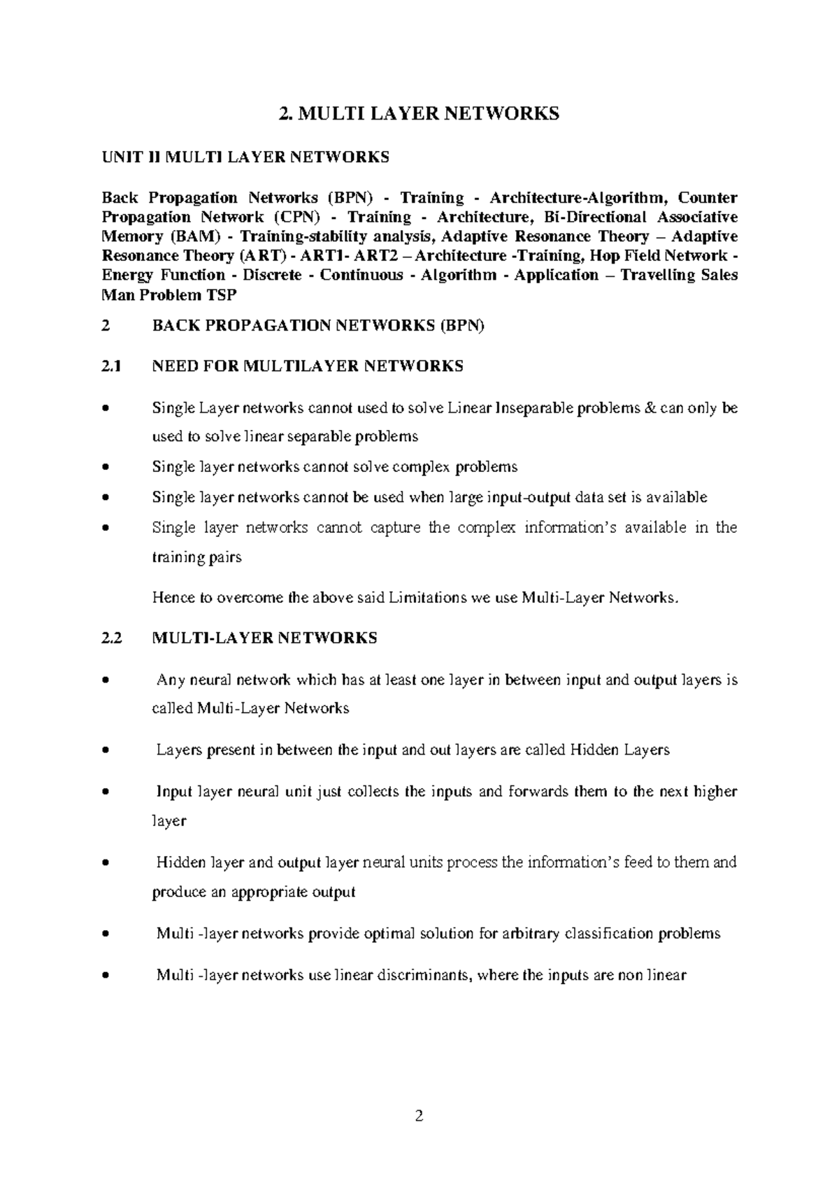 Backpropegation - 2. MULTI LAYER NETWORKS UNIT II MULTI LAYER NETWORKS ...