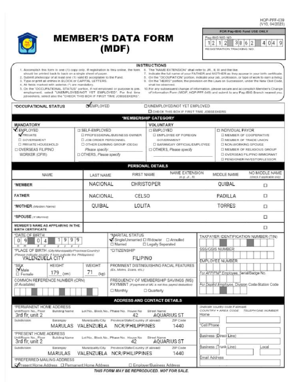 HDMF - n/a - (V10, FOR Fund USE ONLY DATA FORM MID NO 1212 3862 4049 ...